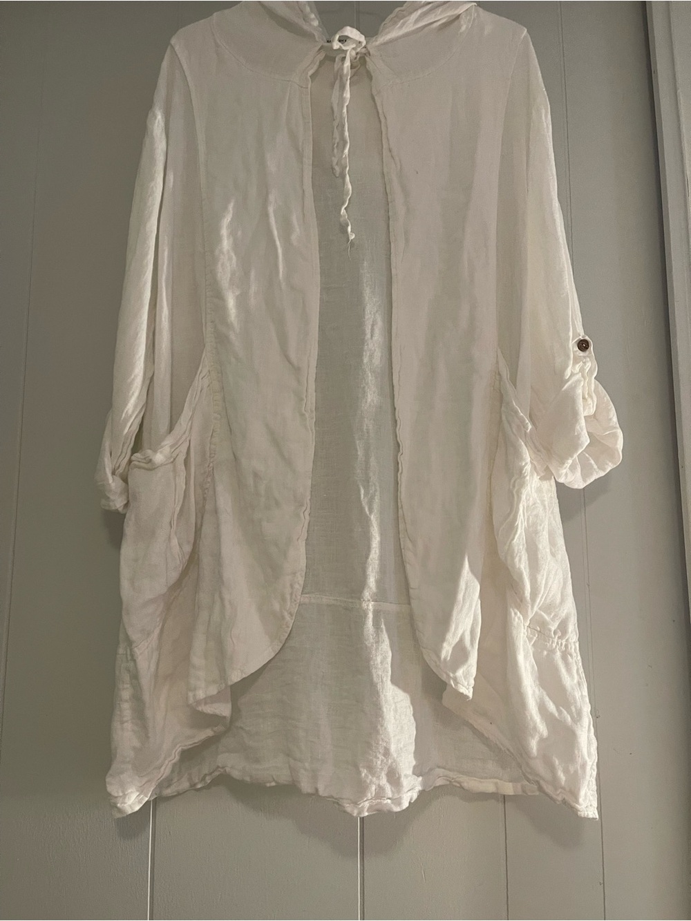 Cream Open-Front Hooded Cape with Rolled-Sleeve Detail